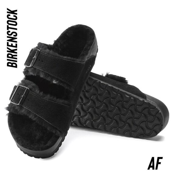BIRKENSTOCK ARIZONA SHEARLING SUEDE LEATHER IN BLACK NWT - Picture 1 of 6